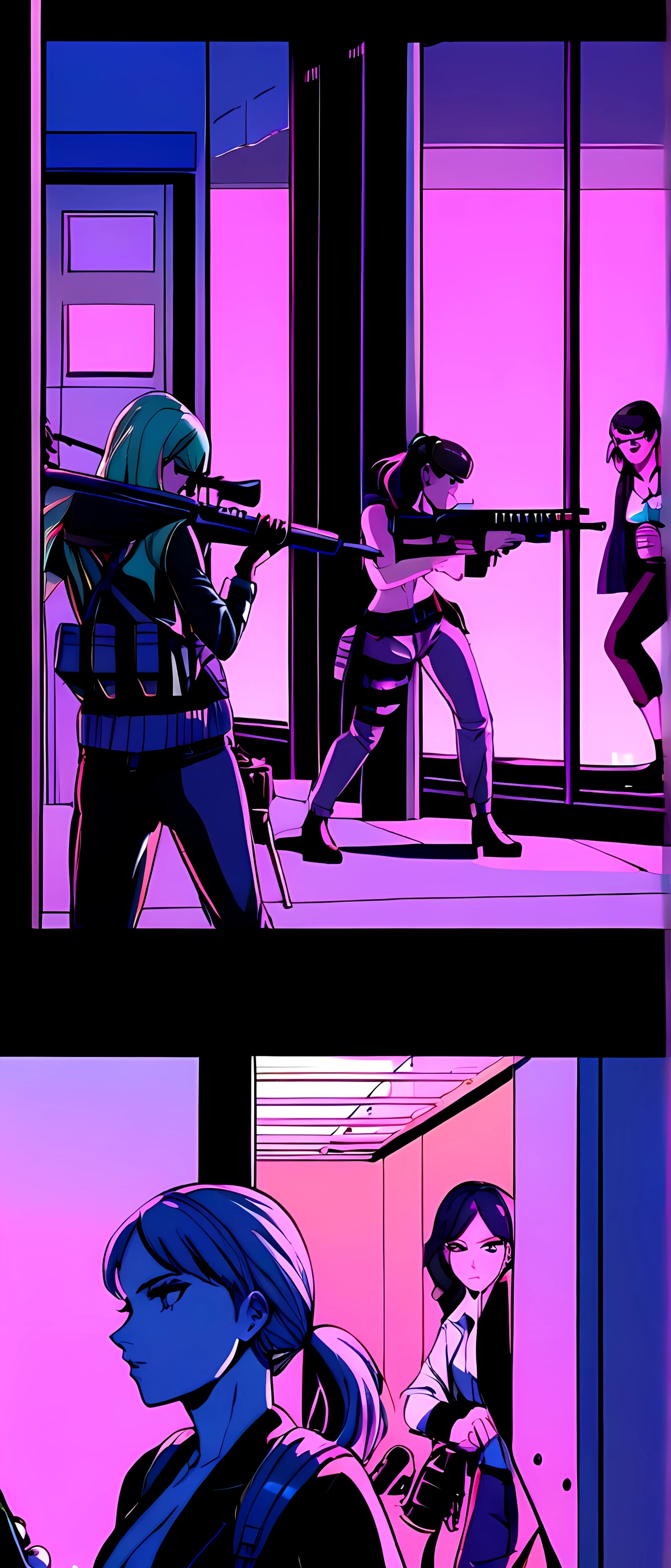 (4 girls) (vice city)(penthouse location) (action, preparing weapons and stealth equipment) (bank robbery)