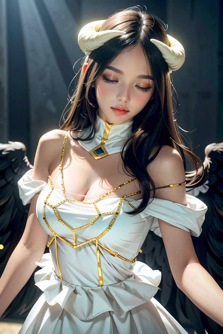 Masterpiece, Best quality, Ultra-detailed, illustration, epic lighting, Cinematic composition, isometry,(hexagons:1.2), 1girll, Horns, Solo, Yellow eyes, Black hair, Long hair, (Low wing:1.2), Large cleavage, Bare shoulders, hair between eye, Medium breasts, (White dress:1.1), Golden decoration, Detached collar, view the viewer, Semi-closed Eyes, (view the viewer:1.1), parted lip, Blush, Black feathers fall, Arena, particle fx, (8K:1.1)