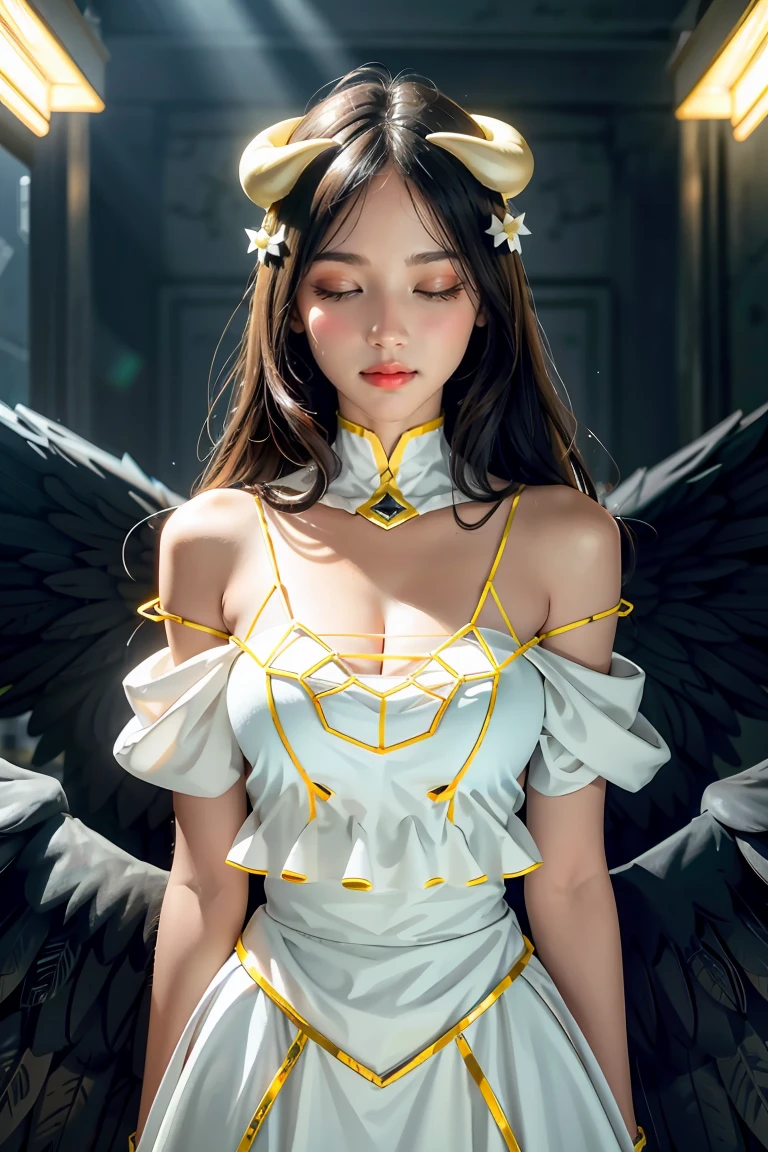 Masterpiece, Best quality, Ultra-detailed, illustration, epic lighting, Cinematic composition, isometry,(hexagons:1.2), 1girll, Horns, Solo, Yellow eyes, Black hair, Long hair, (Low wing:1.2), Large cleavage, Bare shoulders, hair between eye, Medium breasts, (White dress:1.1), Golden decoration, Detached collar, view the viewer, Semi-closed Eyes, (view the viewer:1.1), parted lip, Blush, Black feathers fall, Arena, particle fx, (8K:1.1)