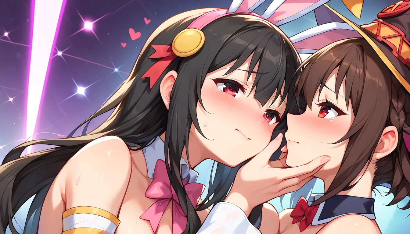 ((2girls:1.3)), ((moe style:1.3)), ((rave party:1.3)), bunny girl outfit, ((kabedon:1.3)), ((hand on face:1.3)), teasing, medium full shot, yuri, ((black hair:1.3)), megumin (konosuba), yunyun (konosuba), ((shy:1.3)), blush, ((perfect face)), ((extremely cute:1.3)), ((masterpiece:1.3)), ((8k)), ((best quality:1.3)), ((beautiful)), ((extremely detailed:1.3)) , ((absurdres)), AddXL, ((score_9:1.3)), ((score_8_up:1.3)), ((score_7_up:1.3)), Expressiveh