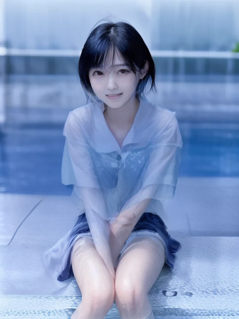 8k, Japanese, middle school girl, solo, age 14 Sailor Mercury, A wet and transparent under cosplay, wet skirt, Wet blue short hair, Wet arms,Wet legs,Wet Face, pose, Highest quality, wet poolside, smile