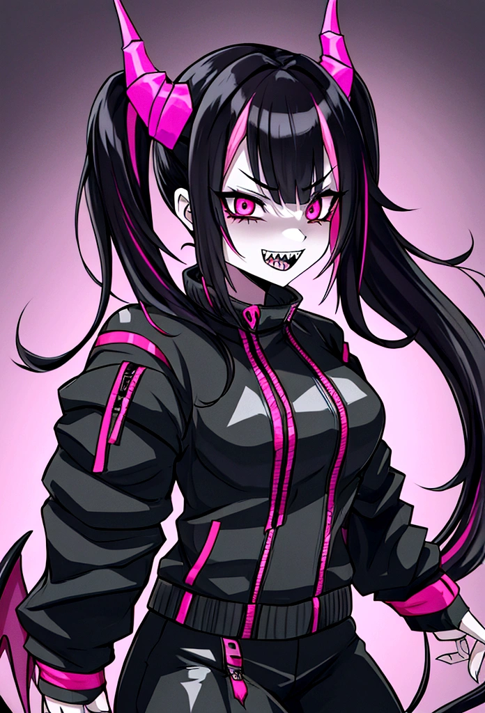 single female half dragon with grey skin, with black hair long twin tails style, with pink streaks, sharp teeth, black biker outfit, dragon tail and dragon horns