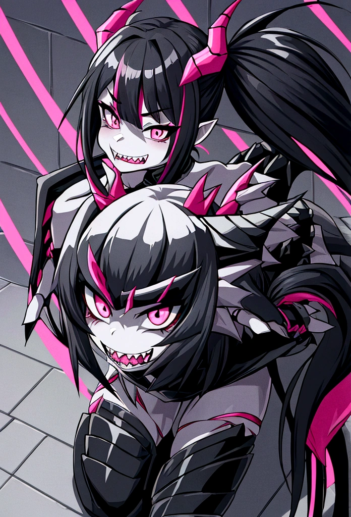 single female half dragon with grey skin, with black hair long twin tails style, with pink streaks, sharp teeth, black biker outfit, dragon tail and dragon horns