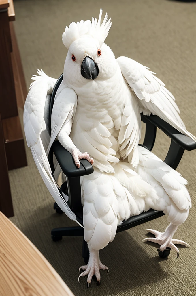 a little white bird cockatoo VERY ANGRY man and sitting on a chair, there are lots of ants around
