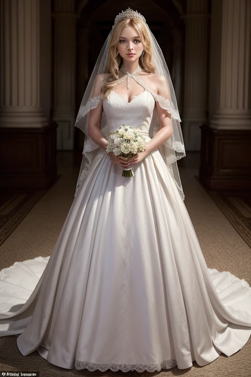 Blonde girl with blue eyes in a wedding dress. The dress had a type of neckline that Estela suits very well.: halter, which was only subtly attached to the back of his neck., while she dropped into a model in which the pearls stood out in a very subtle way, In addition to showing a bare back, who was delicately covered with the bridal veil she was wearing, The shoes were a hammer-colored suede model., that matched the dress. As one of the final details, she wore a discreet crown made with crystals., the same one that helped her hold her wedding veil over her head