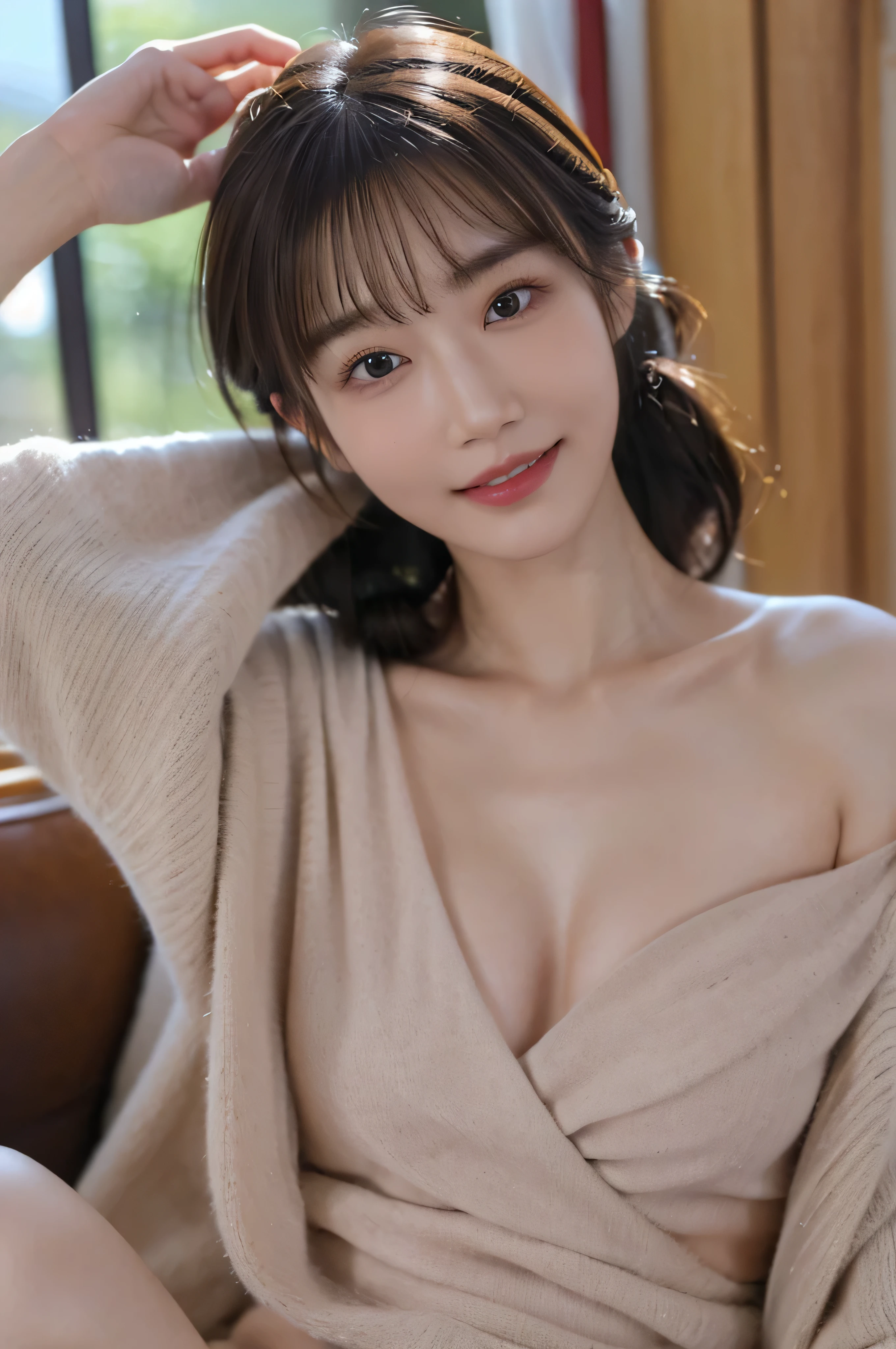 (masterpiece:1.3), (8K, Photorealsitic, Raw photography, Top image quality: 1.4), Japan high school girls、(Random hairstyles:1.2)、cleavage of the breast:1.2、Super Detail Face、Eye of Detail、double eyelid、Bring your chest together、sharp focus:1.2、prety woman:1.4、light brown hair、top-quality、masterpiece、超A high resolution、(Photorealsitic:1.4)、Highly detailed and professional lighting smile、Loose and light knitwear、Shoulder out、slender、serious facial expression、short-haired、Fatal position