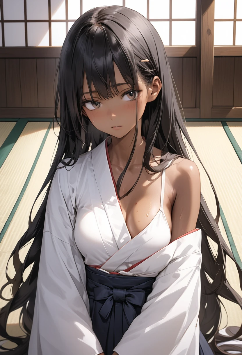 (masterpiece,Highest quality:1.3,best quality illustration),cowboy shot,1woman,25 year old Japanese beauty、black hair,long hair,bangs,black eyes,gorgeous eyes,((very small head:1.2)),shy,medium breasts,(tan skin, gleaming skin,toned body,slender body, skinny),sweat,White kimono、Open chest、Black Hakama、Tatami floor、Japanese house、