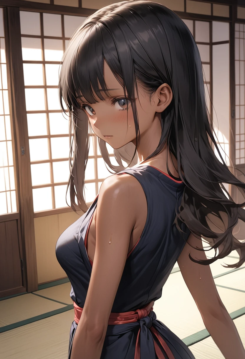 (masterpiece,Highest quality:1.3,best quality illustration),cowboy shot,1woman,25 year old Japanese beauty、black hair,long hair,bangs,black eyes,gorgeous eyes,((very small head:1.2)),shy,medium breasts,(tan skin, gleaming skin,toned body,slender body, skinny),sweat,White kimono、Open chest、Black Hakama、Tatami floor、Japanese house、