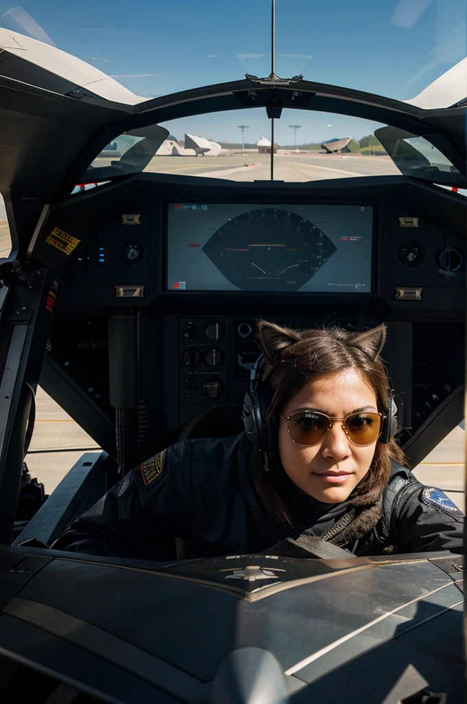 fighter plane pilot cat, pilot glasses, on the f 22 raptor plane