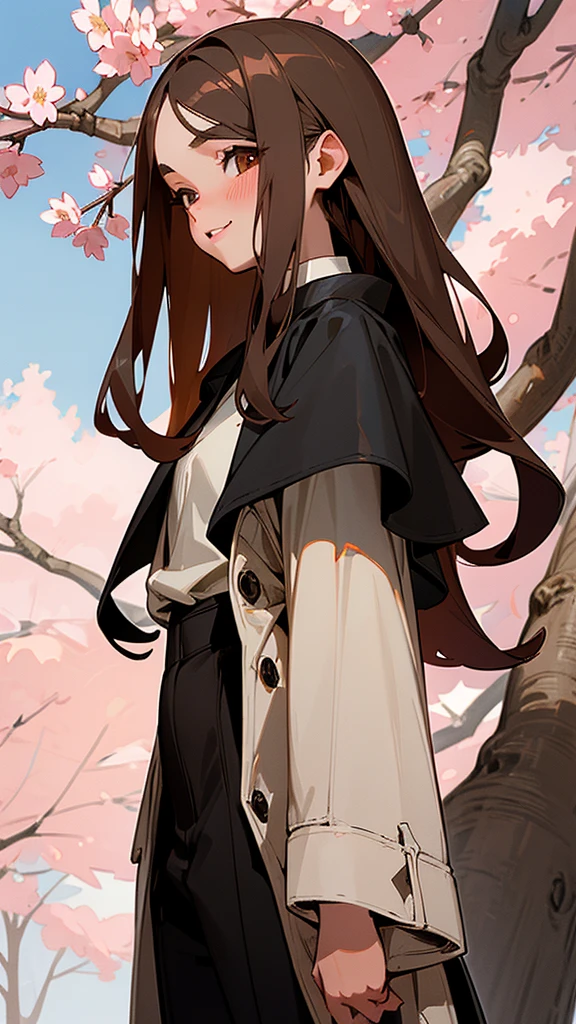 young and beautiful girl. Big caramel brown eyes, loose hair, long and shiny straight, dark gray color, blushing cheeks, small nose, pink lips, beautiful smile, He wears a long black trench coat, dark pants and white t-shirt with the drawing of a fierce pitbull. In the background an ancient Japanese castle, blue sky and a cherry blossom tree 