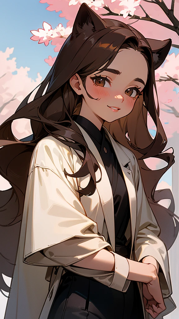 young and beautiful girl. Big caramel brown eyes, loose hair, long and shiny straight, dark gray color, blushing cheeks, small nose, pink lips, beautiful smile, He wears a long black trench coat, dark pants and white t-shirt with the drawing of a fierce pitbull. In the background an ancient Japanese castle, blue sky and a cherry blossom tree