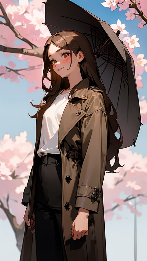 young and beautiful girl. Big caramel brown eyes, loose hair, long and shiny straight, dark gray color, blushing cheeks, small nose, pink lips, beautiful smile, He wears a long black trench coat, dark pants and white t-shirt with the drawing of a fierce pitbull. In the background an ancient Japanese castle, blue sky and a cherry blossom tree
