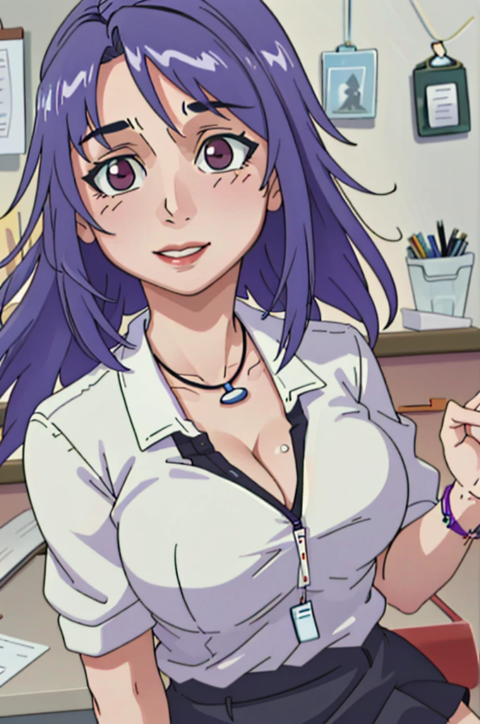 ((best quality)), ((highly detailed)), masterpiece, (detailed eyes, deep eyes), (1girl), cowboy shot, mai_katsuragi, short hair, purple eyes, white shirt, black miniskirt, necklace, jewelry, 1girl, bracelet, large breasts, black hair, miniskirt, long hair, cleavage, blurry, lips, large breasts, necklace, watch, depth of field, ring, standing, realistic, solo, blurry background, sweet smile, Office suit, in office, working, sexy, sensual,(id card lanyard/)