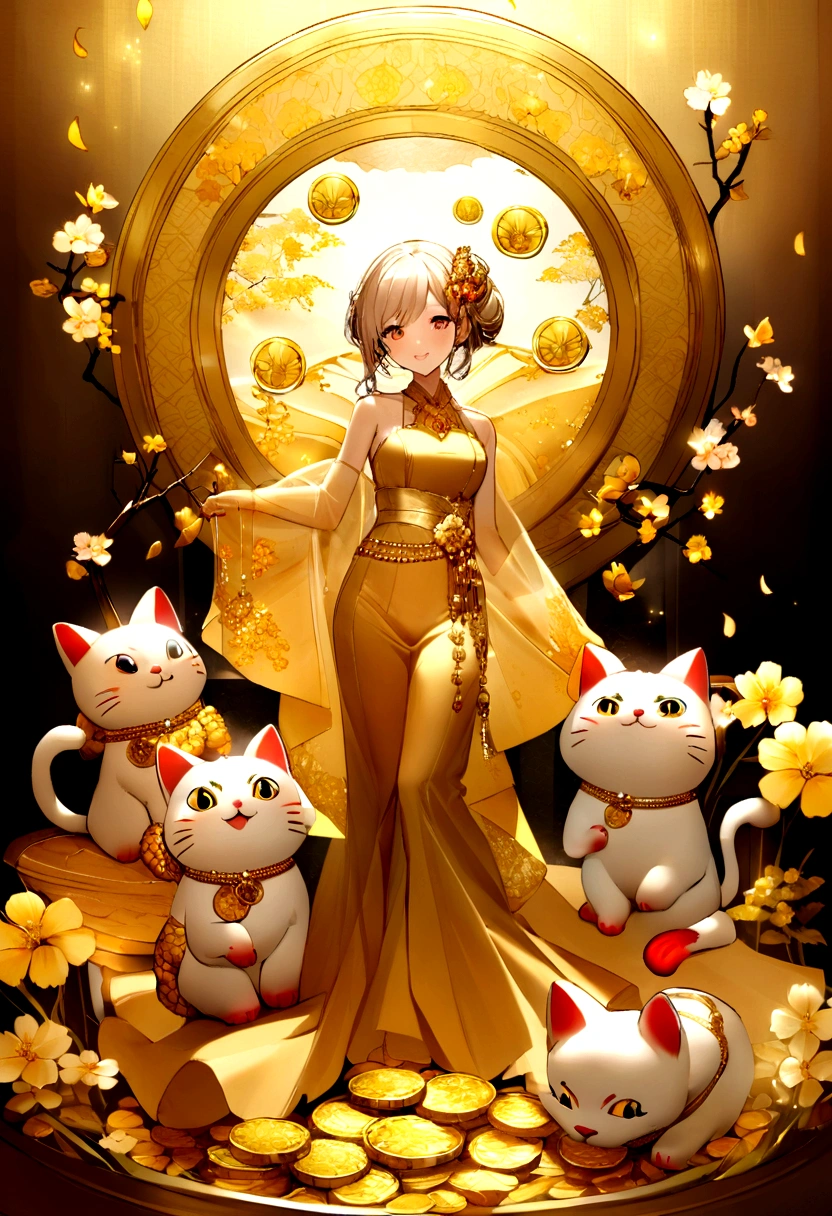 Create a wallpaper image that promotes financial luck and prosperity. The background features a radiant golden light, symbolizing wealth and abundance. Incorporate elements such as gold coins and gems, golden plants and trees, and symbols of prosperity like a dragon or koi fish. Add a touch of elegance with a golden wallet or safe, and include a lucky cat (maneki-neko) for good fortune. The overall atmosphere should be luxurious, hopeful, and filled with positive energy.