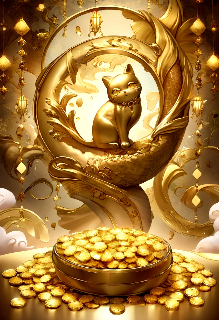 Create a wallpaper image that promotes financial luck and prosperity. The background features a radiant golden light, symbolizing wealth and abundance. Incorporate elements such as gold coins and gems, golden plants and trees, and symbols of prosperity like a dragon or koi fish. Add a touch of elegance with a golden wallet or safe, and include a lucky cat (maneki-neko) for good fortune. The overall atmosphere should be luxurious, hopeful, and filled with positive energy.

