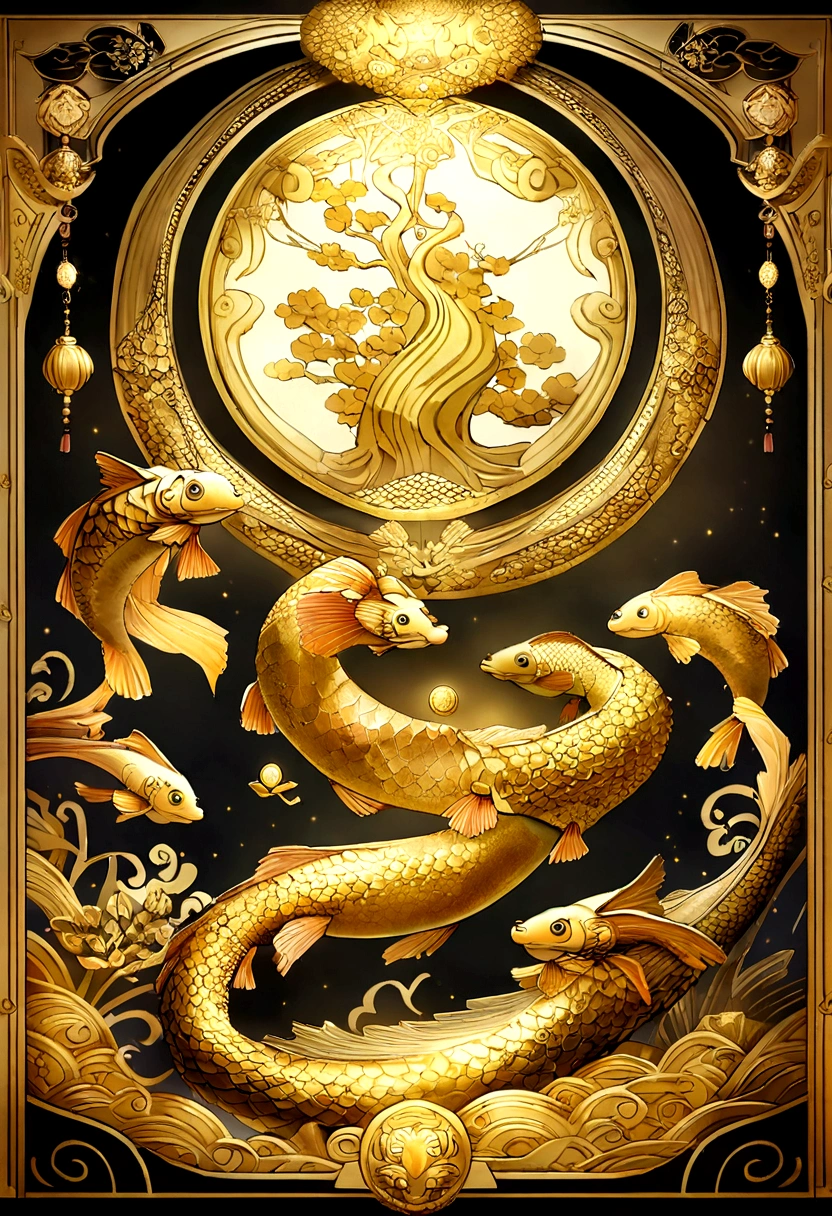 Create a wallpaper image that promotes financial luck and prosperity. The background features a radiant golden light, symbolizing wealth and abundance. Incorporate elements such as gold coins and gems, golden plants and trees, and symbols of prosperity like a dragon or koi fish. Add a touch of elegance with a golden wallet or safe, and include a lucky cat (maneki-neko) for good fortune. The overall atmosphere should be luxurious, hopeful, and filled with positive energy.

