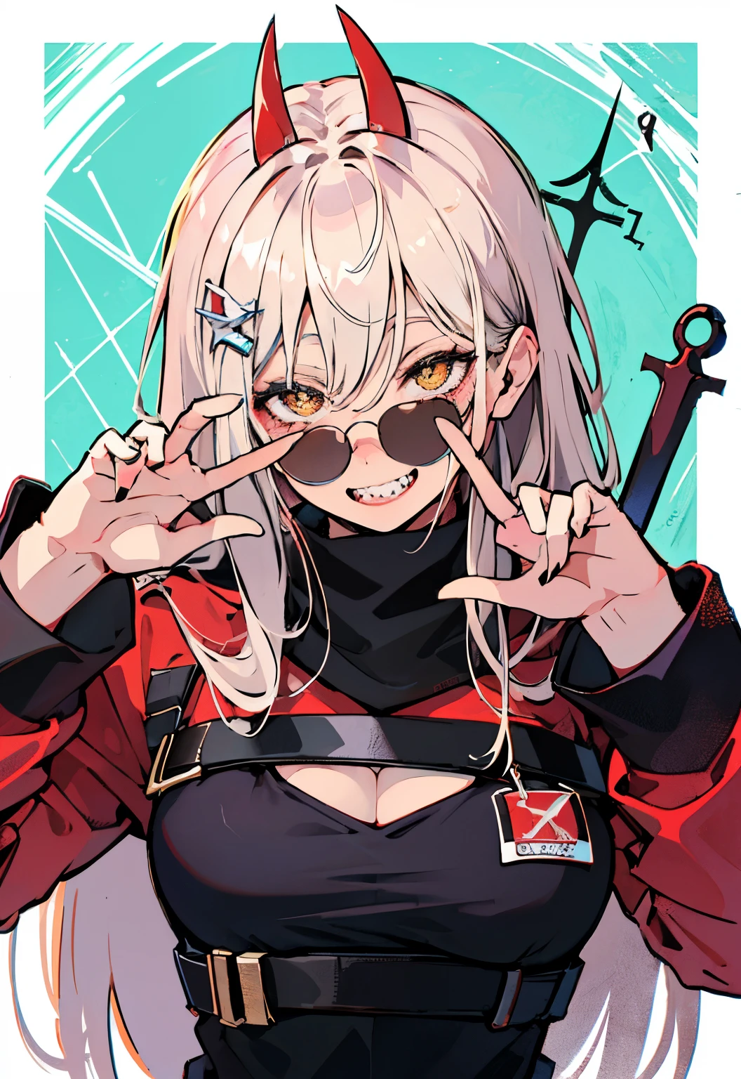 tmasterpiece, (Sharp teeth:1.1),(Ultra detailed backgrounds, delicate patterns, Complicated details, highly detailed, finely detailled), Best quality at best, strength, 1girll, banya, solo, teeth, Mischievous,A mischievous smile,dentes pontiagudos, cross-shaped pupils, long whitr hair, Yellow eyes, ((blond hairbl, little breast)), Red horn, jaket, (complex detailed background), (((cross-shaped pupils, pupils in symbol shapes)))