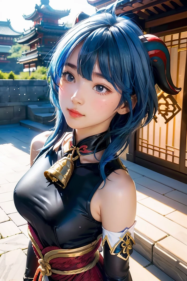 (photorealistic:1.4), (masterpiece, sidelighting, finely detailed beautiful eyes: 1.2), masterpiece*portrait, realistic, 3d face, 
ganyu \(genshin impact\), 1girl, ahoge, architecture, bangs, bare shoulders, bell, black gloves, black pantyhose, (blue hair), blush, breasts, chinese knot, detached sleeves, flower knot, gloves, horns, long hair, looking at viewer, medium breasts, neck bell
 