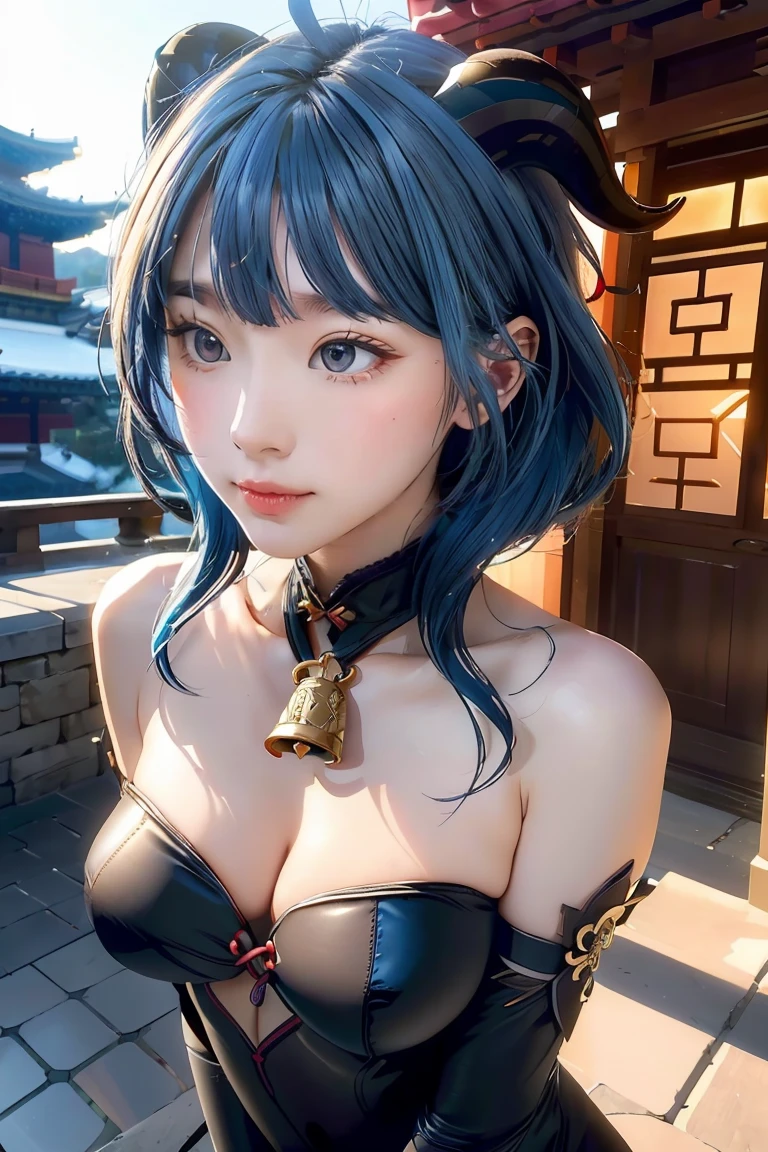 (photorealistic:1.4), (masterpiece, sidelighting, finely detailed beautiful eyes: 1.2), masterpiece*portrait, realistic, 3d face, 
ganyu \(genshin impact\), 1girl, ahoge, architecture, bangs, bare shoulders, bell, black gloves, black pantyhose, (blue hair), blush, breasts, chinese knot, detached sleeves, flower knot, gloves, horns, long hair, looking at viewer, medium breasts, neck bell
 