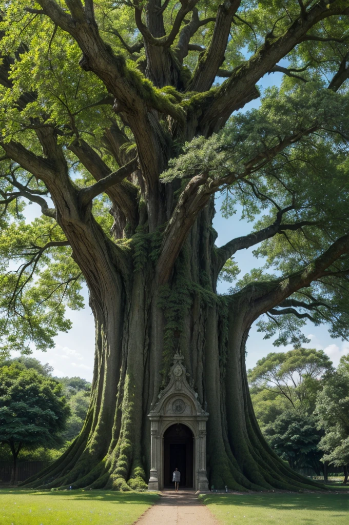 Long distance big tree, very big big, With green leaves,white,lilac