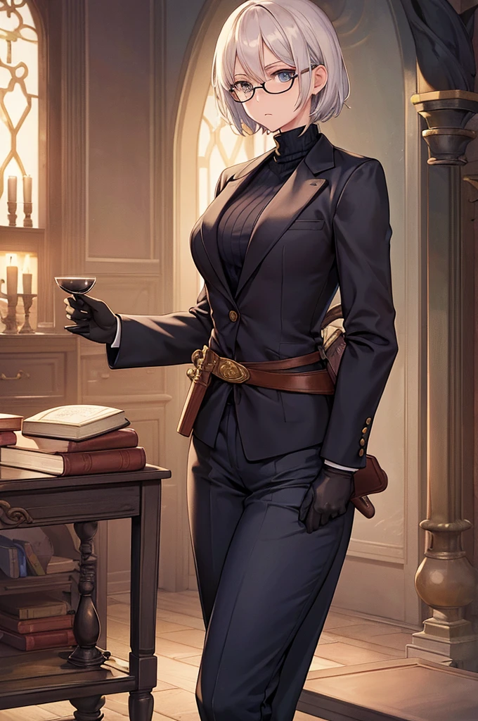 books lying around, cream hair, tall, square glasses, black turtleneck, a beige two-button blazer, dark navy-blue pants, and a pair black gloves, looking at viewer, slightly short hair, female, slim, stern expression, short sword with a metal handle wrapped in leather bindings on her waist, standing, holding a cup of tea