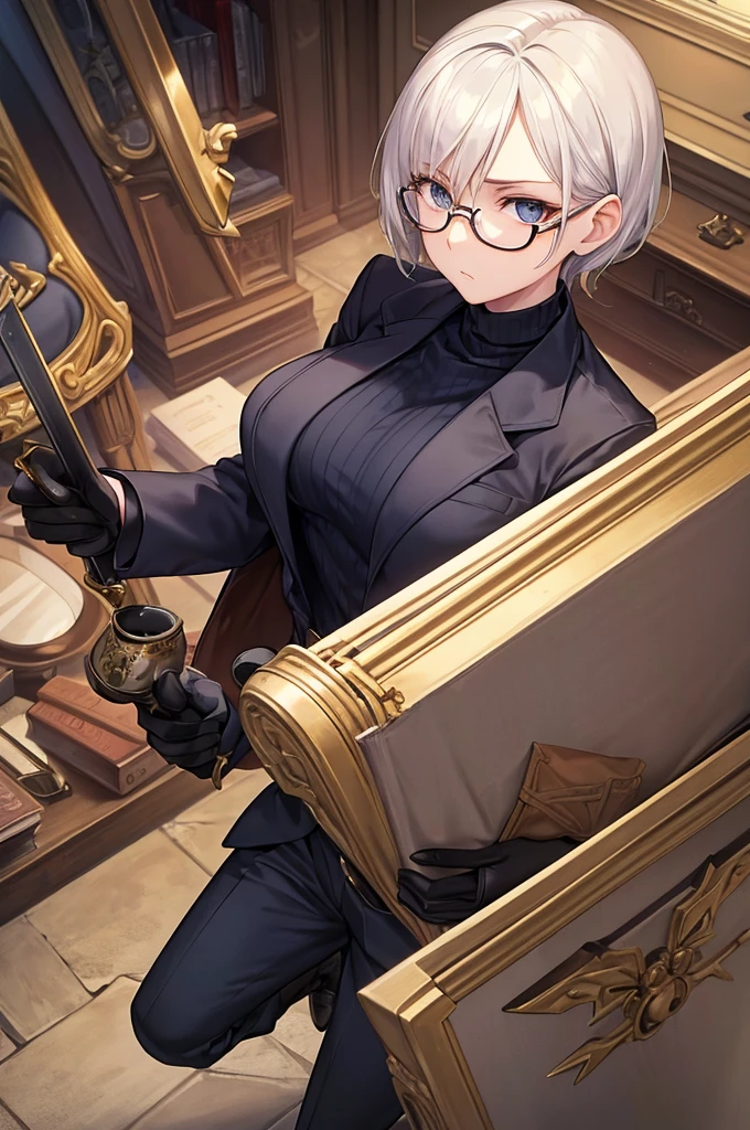 books lying around, cream hair, tall, square glasses, black turtleneck, a beige two-button blazer, dark navy-blue pants, and a pair black gloves, looking at viewer, slightly short hair, female, slim, stern expression, short sword with a metal handle wrapped in leather bindings on her waist, standing, holding a cup of tea