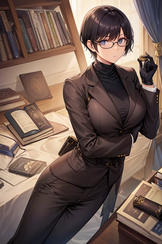books lying around, cream hair, tall, square glasses, black turtleneck, a beige two-button blazer, dark navy-blue pants, and a pair black gloves, looking at viewer, slightly short hair, female, slim, stern expression, short sword with a metal handle wrapped in leather bindings on her waist, standing, holding a cup of tea