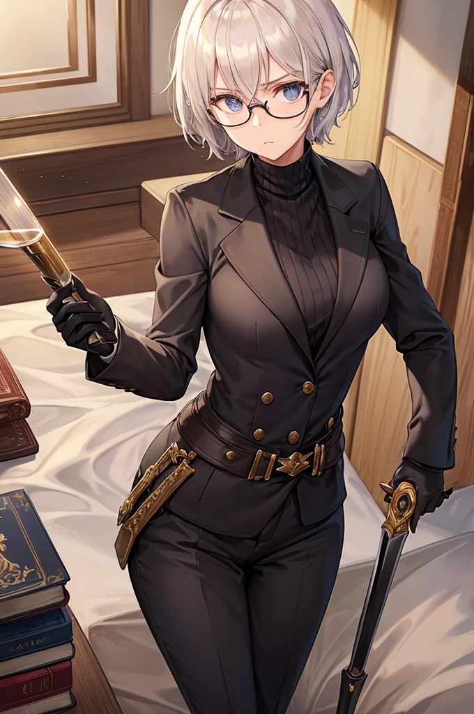 books lying around, cream hair, tall, square glasses, black turtleneck, a beige two-button blazer, dark navy-blue pants, and a pair black gloves, looking at viewer, slightly short hair, female, slim, stern expression, short sword with a metal handle wrapped in leather bindings on her waist, standing, holding a cup of tea