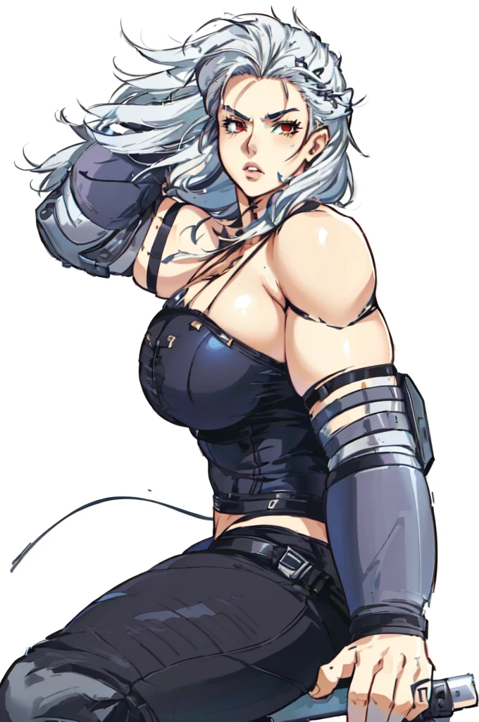 a closeup of a person with a gun in his hand, tifa lockhart with white hair, cyborg - girl with silver hair, Pose rudo, Anime Woman Full Body Art, A very beautiful Berserker woman, naughty anime girl, female cartoon character, ash, silver hair girl, detailed cartoon character art, a silver haired mad, cartoon character, silver hair (Horse tail)