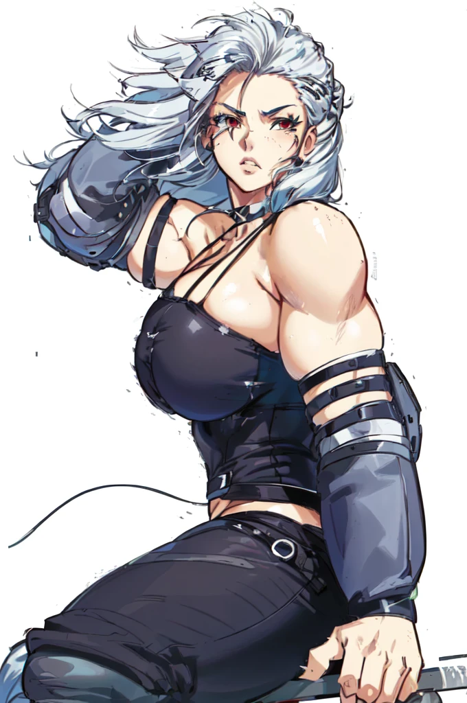 a closeup of a person with a gun in his hand, tifa lockhart with white hair, cyborg - girl with silver hair, Pose rudo, Anime Woman Full Body Art, A very beautiful Berserker woman, naughty anime girl, female cartoon character, ash, silver hair girl, detailed cartoon character art, a silver haired mad, cartoon character, silver hair (Horse tail)