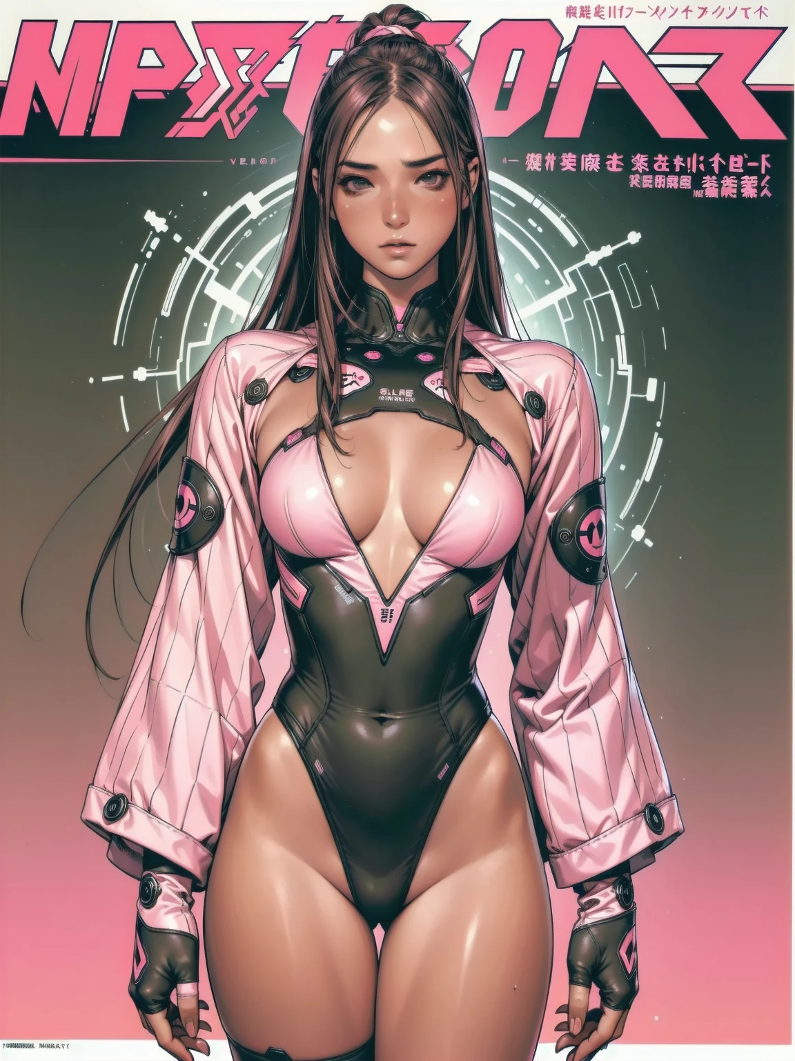 ((best qualityer)), (((clothes 100% Pink))), (((slim))), (Muscles), (((pink suit))), ((Perfect masterpiece)), (detailded: 1.4), (absurdrez), (((long straight hair with modern cut))), (((full body fitness, neckline showing part of the breasts)), (((woman with long cropped hair, blushful))), 21 year old woman, beautiful sexy woman, giant robot pilot, wild with perfect corpo fitness, wearing small battle clothes, tiny thong, Simon Bisley styled for the cover of Heavy Metal magazine, clothing with Japanese graphic patterns, halftone pattern and vertical seams, earth tone, exiting the body of a giant robot