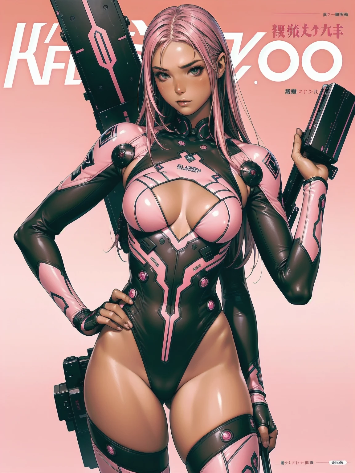 ((best qualityer)), (((clothes 100% Pink))), (((slim))), (Muscles), (((pink suit))), ((Perfect masterpiece)), (detailded: 1.4), (absurdrez), (((long straight hair with modern cut))), (((full body fitness, neckline showing part of the breasts)), (((woman with long cropped hair, blushful))), 21 year old woman, beautiful sexy woman, giant robot pilot, wild with perfect corpo fitness, wearing small battle clothes, tiny thong, Simon Bisley styled for the cover of Heavy Metal magazine, clothing with Japanese graphic patterns, halftone pattern and vertical seams, earth tone, exiting the body of a giant robot