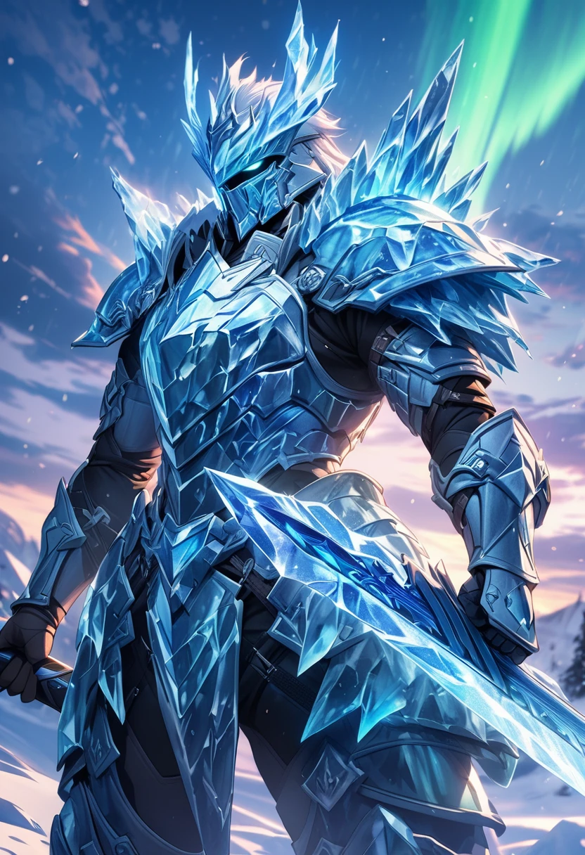 an extremely detailed 4k of a warrior clad in heavy metal armor made of ice with frost surrounding it & the northen lights behind the warrior, wielding a blue ice steel sword