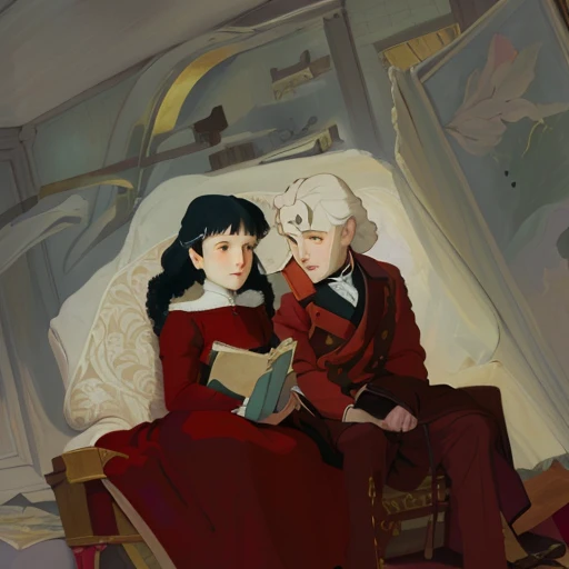 painting of a woman and a man sitting on a couch, inspired by Wojciech Weiss, inspired by Pietro Longhi, inspired by Hans Eduard von Berlepsch-Valendas, by Kamisaka Sekka, inspired by Samuel Hieronymus Grimm, inspired by Romaine Brooks, inspired by Henry Fuseli studio Ghibli style