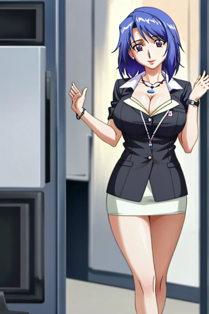 ((best quality)), ((highly detailed)), masterpiece, (detailed eyes, deep eyes), (1girl), cowboy shot, mai_katsuragi, short hair, purple eyes, white shirt, black miniskirt, necklace, jewelry, 1girl, bracelet, large breasts, black hair, miniskirt, long hair, cleavage, blurry, lips, large breasts, necklace, watch, depth of field, ring, standing, realistic, solo, blurry background, sweet smile, Office suit, in office, working, sexy, sensual,(id card lanyard/)