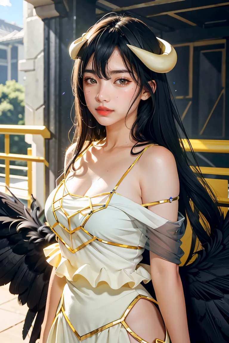 Masterpiece, Best quality, Ultra-detailed, illustration, epic lighting, Cinematic composition, isometry,(hexagons:1.2), 1girll, Horns, Solo, Yellow eyes, Black hair, Long hair, (Low wing:1.2), Large cleavage, Bare shoulders, hair between eye, Medium breasts, (White dress:1.1), Golden decoration, Detached collar, view the viewer, Semi-closed Eyes, (view the viewer:1.1), parted lip, Blush, Black feathers fall, Arena, particle fx, (8K:1.1)