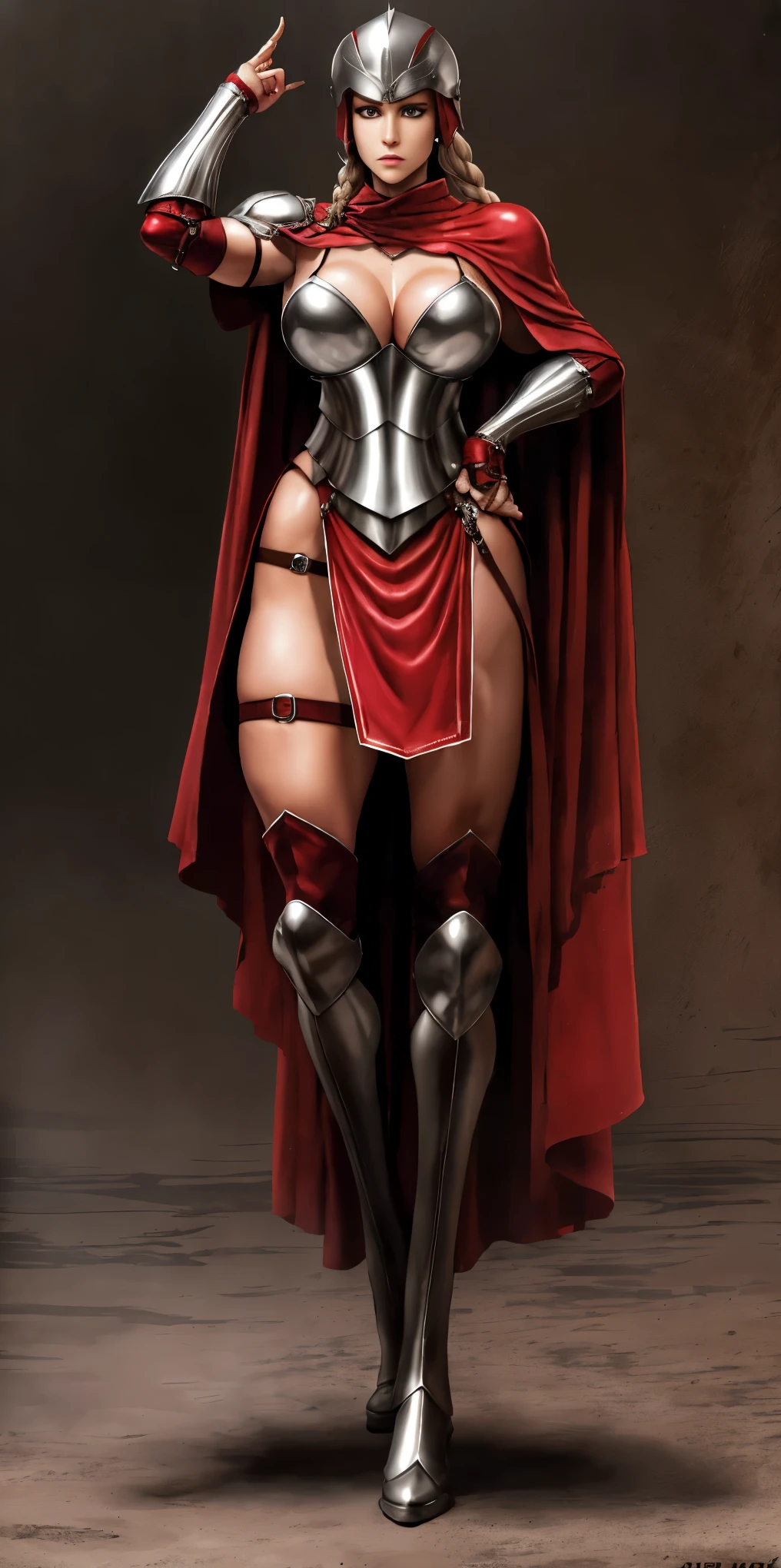 Character: Gender: Female Age: Mature (combines "veteran warrior" and "milf") Body type: Strong and athletic Skin: Very pale Hair: (details missing from prompt, can be added later) Attire: Armor: Full body, heavy armor (preferably red accents) Clothing: Red cape Adventurer's outfit (suggests practicality and readiness for exploration) Brown leather boots Pose: Full body standing Straight posture Symmetrical (implies a confident and imposing stance) Additional Notes: Avoid overly sexualized terms ("bimbo") Consider replacing "milf" with a descriptor that emphasizes experience, like "seasoned warrior" Optional details you can add: Hair color and style (e.g., long flowing braid, short and practical) Specific details about the armor (e.g., decorated breastplate, ornate helmet) Facial expression (e.g., determined, stoic)