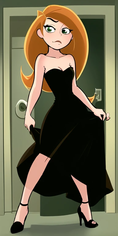 (((Ultra-HD-quality-details, ideal-cutesie)))  1girl  kim-possible, long-hair, green-eyes, walt-disney-style, strapless, tight-black-short-dress, high-heels, sleeveless, collarbone, standing-inside-doorframe, seductive-look