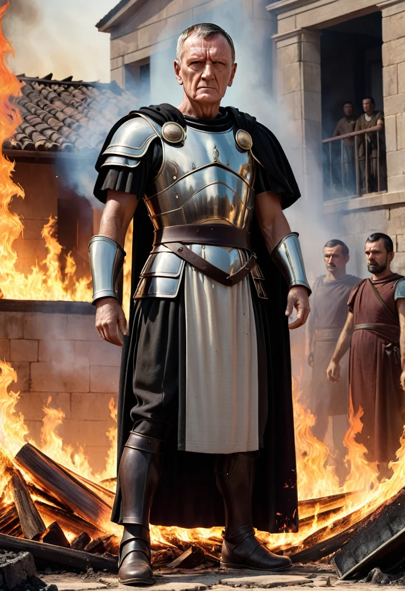 "A detailed image of Crassus standing confidently, watching his workers extinguish the flames of a recently purchased property. The scene reflects his calculated and opportunistic nature."
Size: "1024x1024"