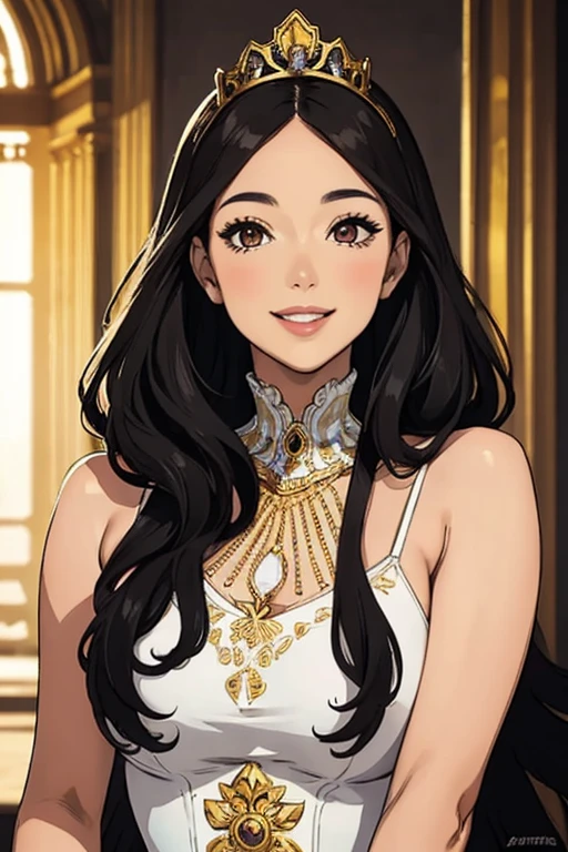 pretty face, woman, black long hair, Brown eyes, curvy body, white dress, smiling, masterpiece, crown, golden details, princess, tall