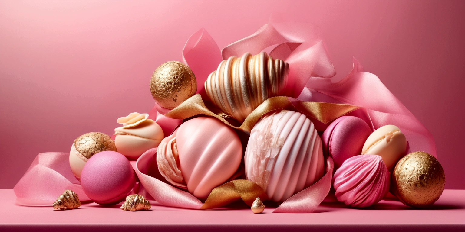 Banner graph；poster；In the center of the picture, there is a cocoon shell wrapped in a golden pink silk ribbon.；dream，mystery；Big scene；golden pink tone。Low saturation，Macaron；