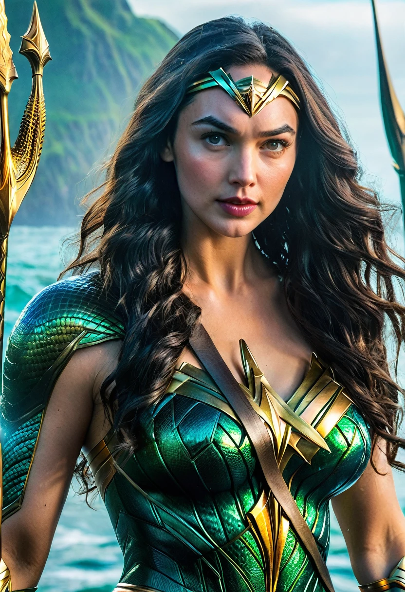 (((Extreme close-up GAL Gadot under the mantle of the Amazon warrior Wonder Woman (((Aquaman Costume))),(((Long thick black hair))),(((Diaema Wonder Woman))),(((Front Images))),(((Splash color images))),(((Aquaman Costume))),(((Abundant hair)))