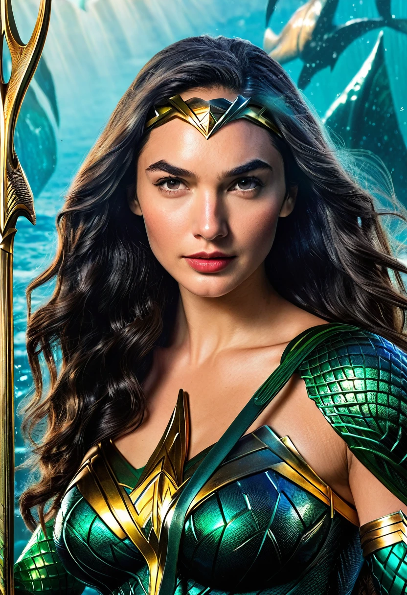 (((Extreme close-up GAL Gadot under the mantle of the Amazon warrior Wonder Woman (((Aquaman Costume))),(((Long thick black hair))),(((Diaema Wonder Woman))),(((Front Images))),(((Splash color images))),(((Aquaman Costume))),(((Abundant hair)))