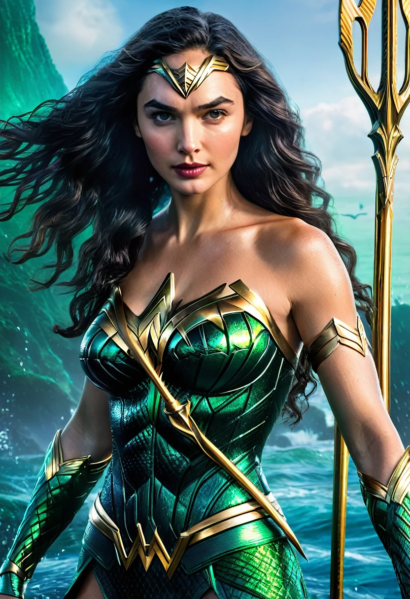 (((Extreme close-up GAL Gadot under the mantle of the Amazon warrior Wonder Woman (((Aquaman Costume))),(((Long thick black hair))),(((Diaema Wonder Woman))),(((Front Images))),(((Splash color images))),(((Aquaman Costume))),(((Abundant hair)))