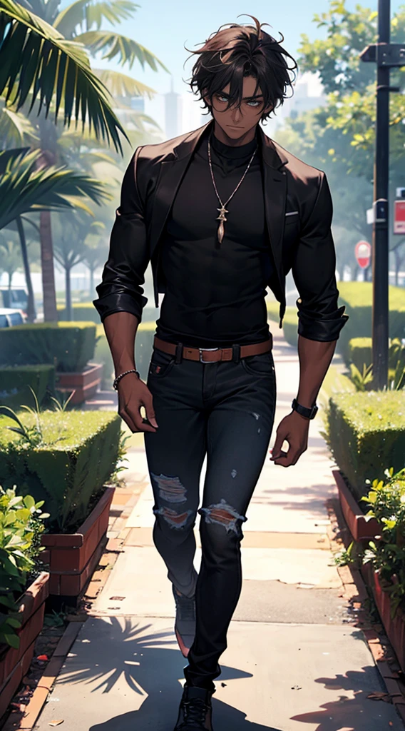 1 boy, single teenager, athletic body, somewhat stocky, messy burgundy neck-length hair, dark skin, tanned skin, green eyes, mole under right eye, somewhat athletic body, somewhat wide hips, black shirt, ripped jeans, leather black jacket, in a university, in a park