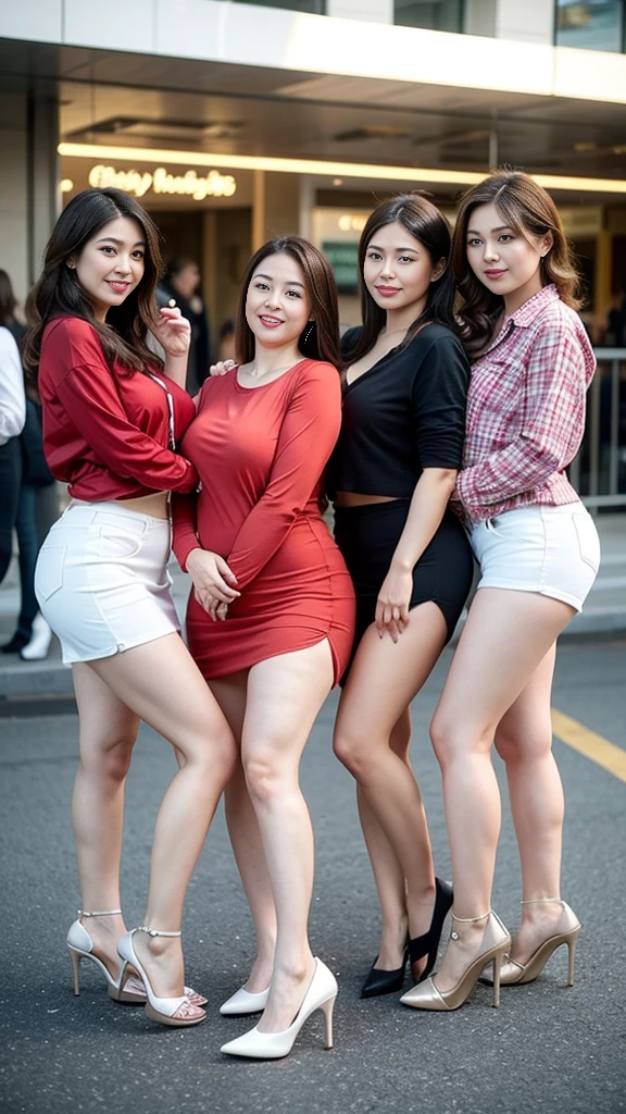 Four quadruplet sisters，Smiling fat woman  ((best quality)), ((masterpiece)), (detailed), Perfect face, Wearing a green loose sweatshirt and short skirt, The other was wearing a red loose plaid shirt and jeans, Thin waist and thick hips,  Soft curves, hyperPractical full figure, Wearing a cute top, Long legs,,thickness, Beautiful plump woman, Four female targets with beautiful curves，Clear curve details, Curvy hourglass figure, Charming plus size models, bbw酱, full image, Surface Model, Curvy body, （full-body shot）blush, 1girll fat , Golden Ratio,(White and tender skin:),High quality background, HD, Practical, HDR. pedestrian mall，Skin as white as paper，High heel，Supercar，Auto Show