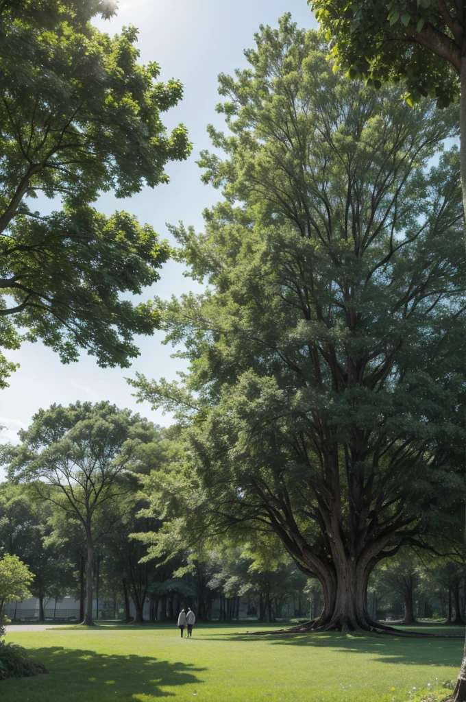 Long distance big tree, very big big, With green leaves,white,lilac