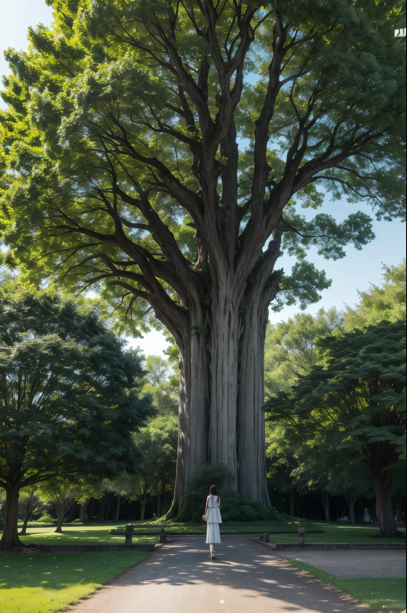 Long distance big tree, very big big, With green leaves,white,lilac