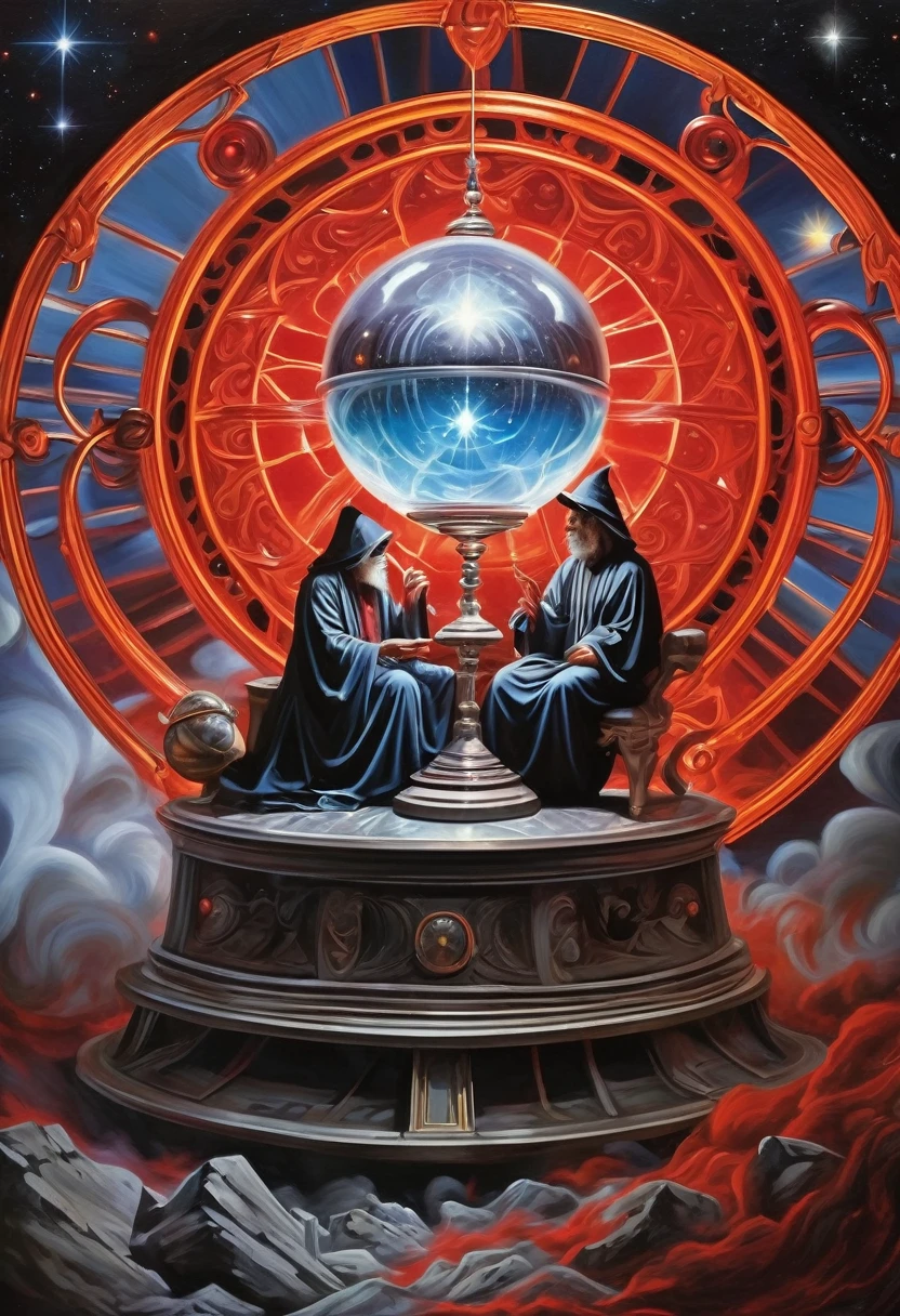 A magic crystal ball lets an ancient Astrologer human wizard watch a modern rock concert. smoke & magic, highly detailed, rich acrylic colors photo quality painting, cosmic astral time theme, dark foreboding, shadowed, scary, blood red, dark gray, electric blues, metal.