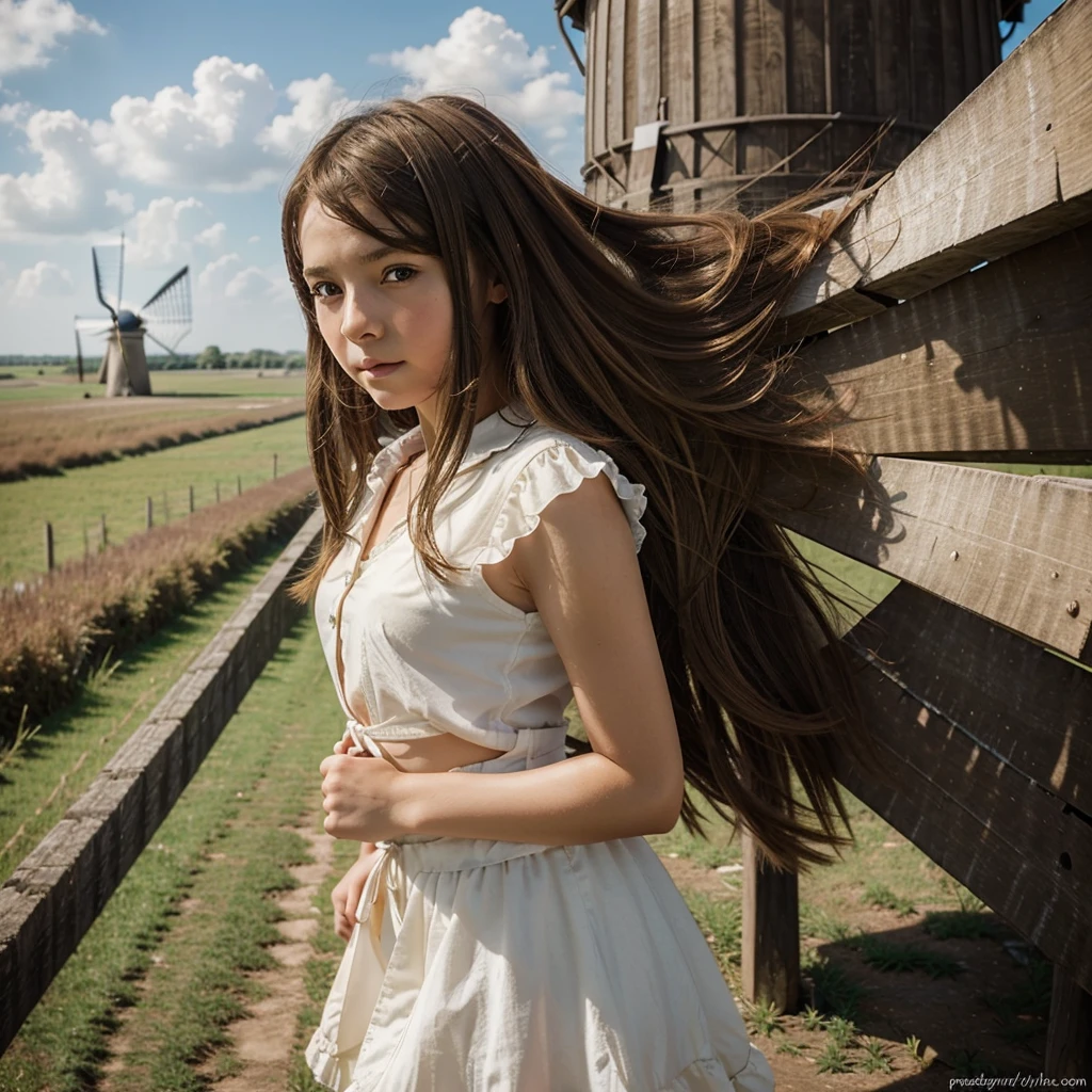 Make an anime girl about 7 years old with golden wings and brown hair in a windmill 
